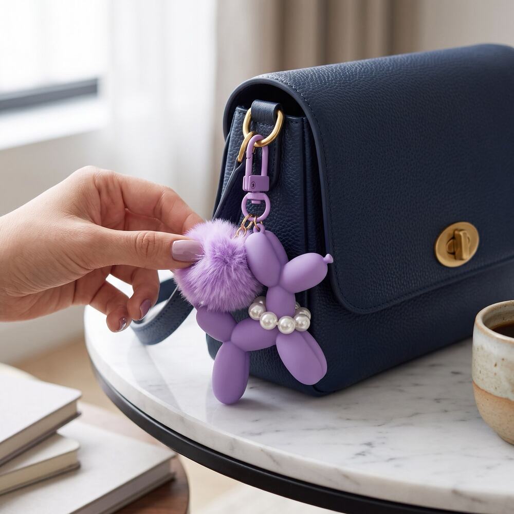 Mint Purple Balloon Dog Keychain Bag Charm Pom Pom Pearl Collar NEW